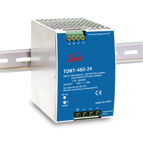 S&eacute;ria TDRT 480W 960W 24V/48V trojf&aacute;zov&yacute; SMPS priemyseln&yacute; zdroj nap&aacute;jania na DIN lištu s funkciou PFC